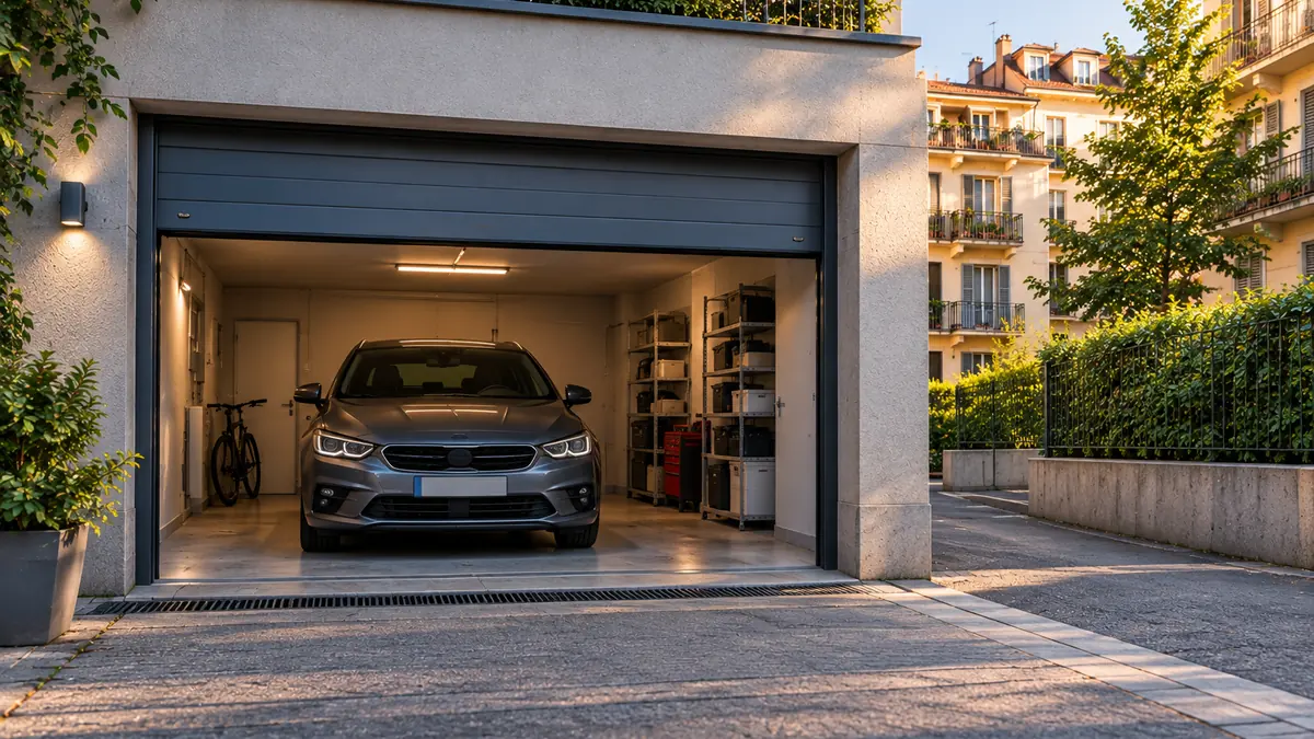 Box auto privato con la serranda aperta e un'auto parcheggiata all'interno